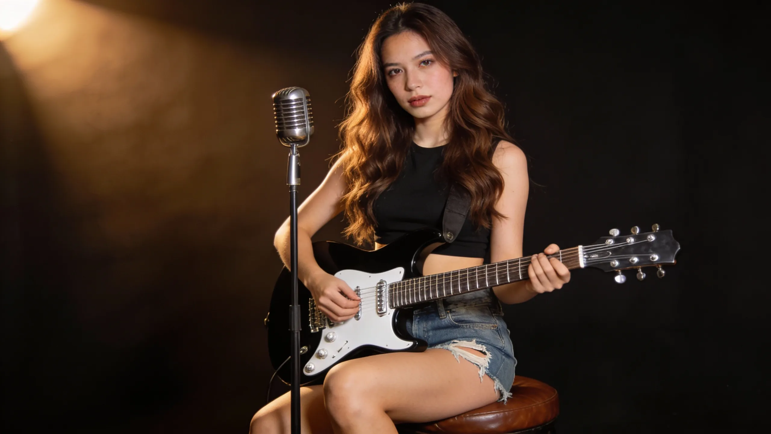 The woman is playing the guitar while singing passionately.